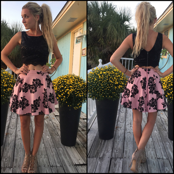 City Triangles Dresses & Skirts - 2 Piece Black Pink Floral Flare Skirt Prom Dress